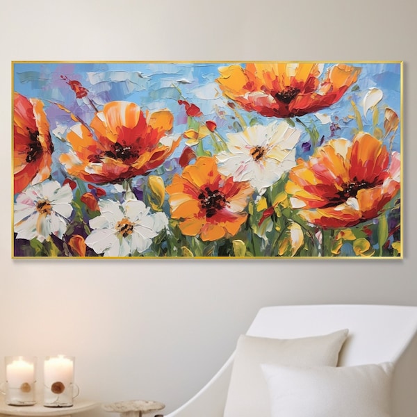 Tableau à l'huile coquelicots en 3D effet épais Art du printemps Jardin peint à la main Art au couteau bohème Toile texturée Décoration