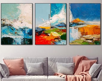 Custom Contemporary Landscape Textured Wall Art, Hand Painted Abstract Colorful Triptych Oil Painting, 3D Canvas Room Decor Anniversary Gift
