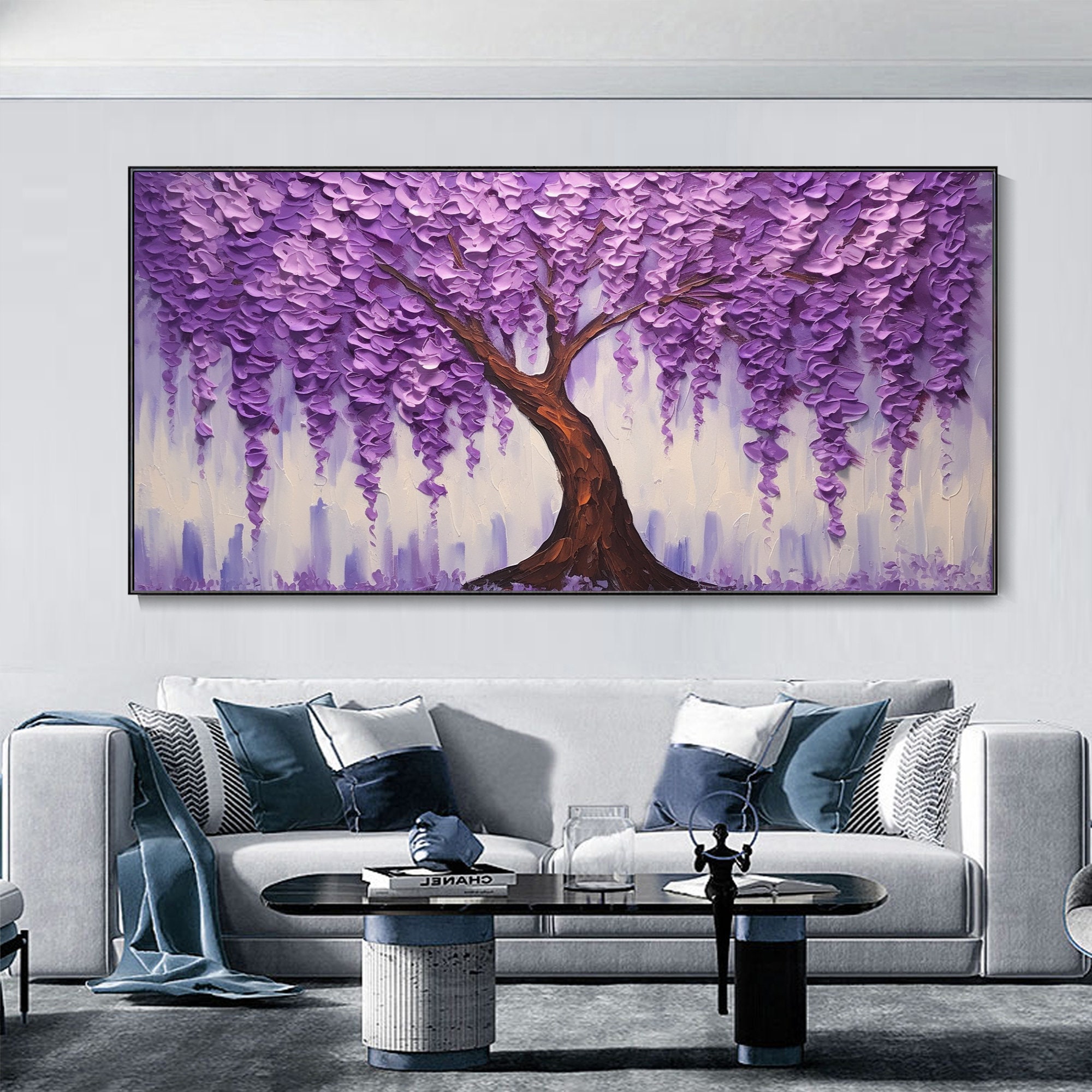 Wandbild 'Blaue Blumen & Bäume' 60x120 Cm – Modernes Leinwandgemälde Mit Rahmen Für Wohnzimmer & Büro