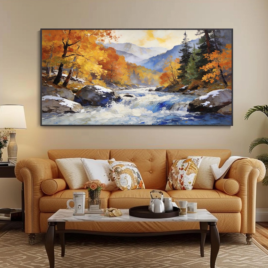 Autumn River Mountain Landscape Oil Painting Hand Painted Wall Art ...