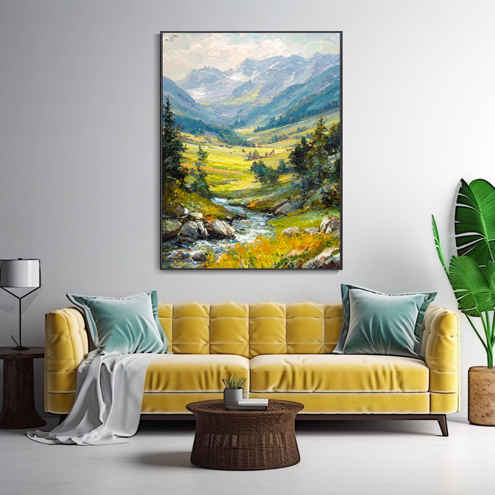 Green Nature Landscape Oil Painting Snowy Mountain River Forest ...