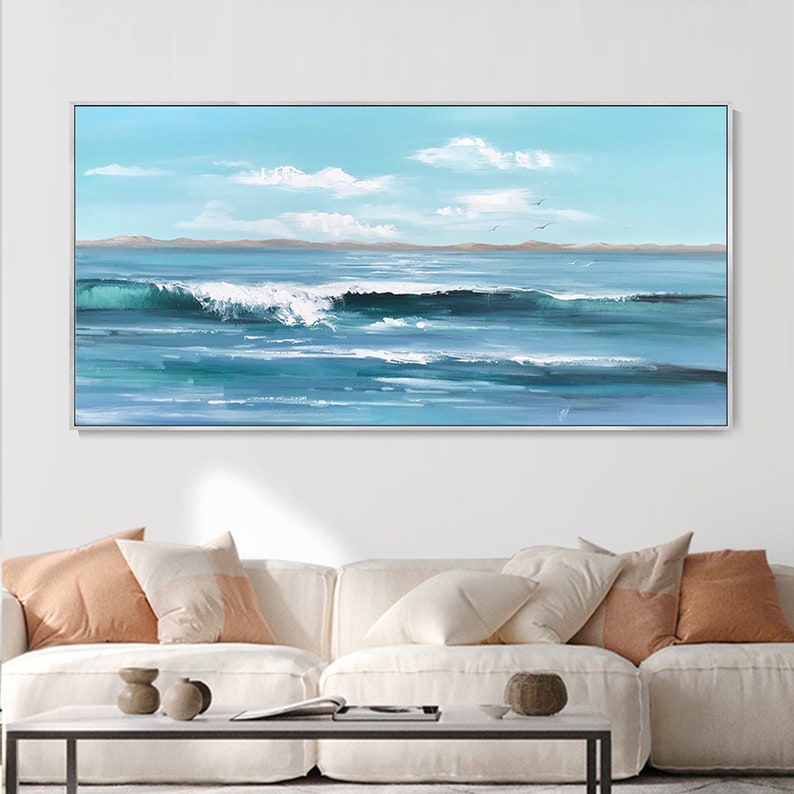Large Original Blue Ocean Seascape Oil Painting Canvas Wave Heavy ...