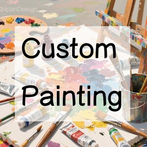 Puede incluir: Un espacio de trabajo artístico con el texto "Custom Painting". La imagen muestra tubos de pintura, pinceles, un caballete de madera, una paleta con colores y pequeños frascos de pintura.