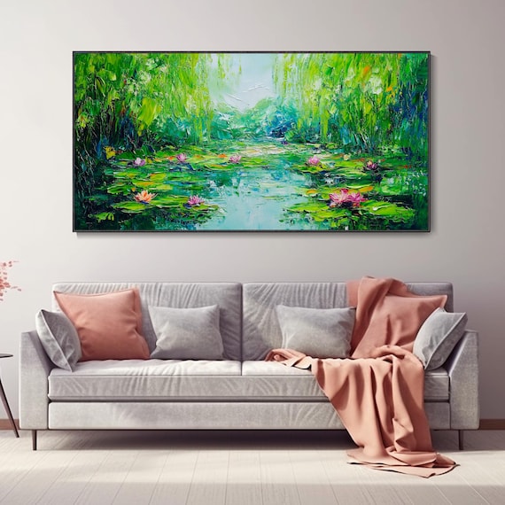 油絵 絵画【蓮の池】 蓮の絵の花オリジナルアートオイルキャンバス睡蓮 20x20 池壁