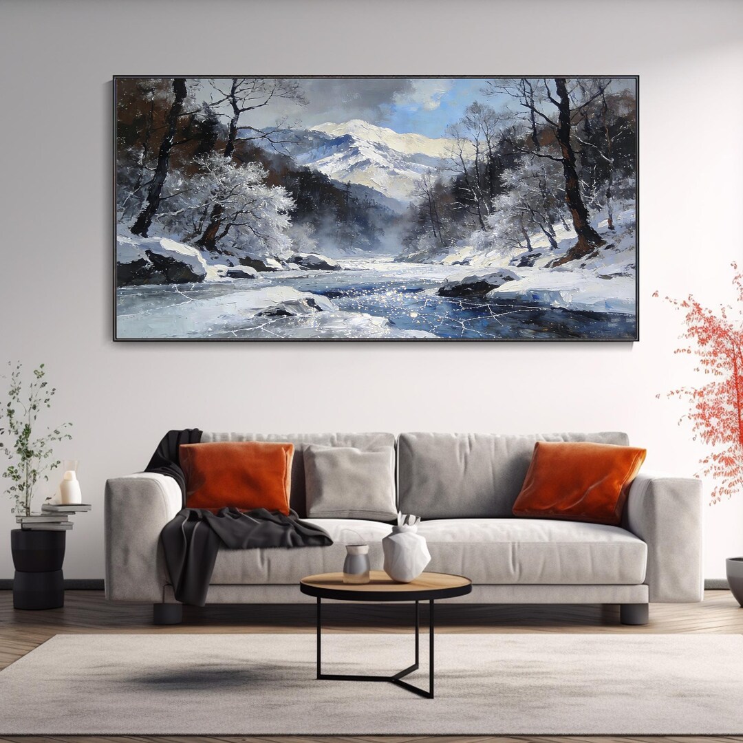 Winter Snowy Mountain River Knife Painting Frosty Forest Impasto ...