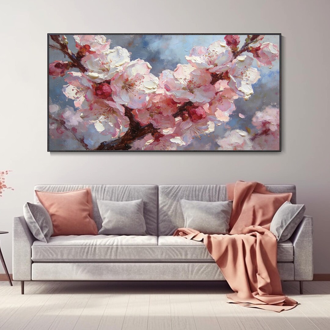 Pink Cherry Blossom Branch Knife Painting Nature Inspired Impasto ...