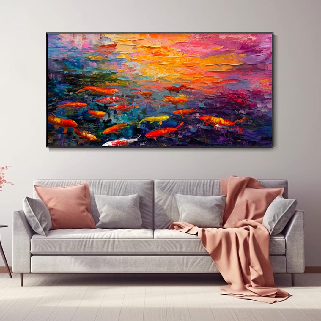 Impasto Colorful Koi Fish Pond Oil Painting Hand Painted Textured ...