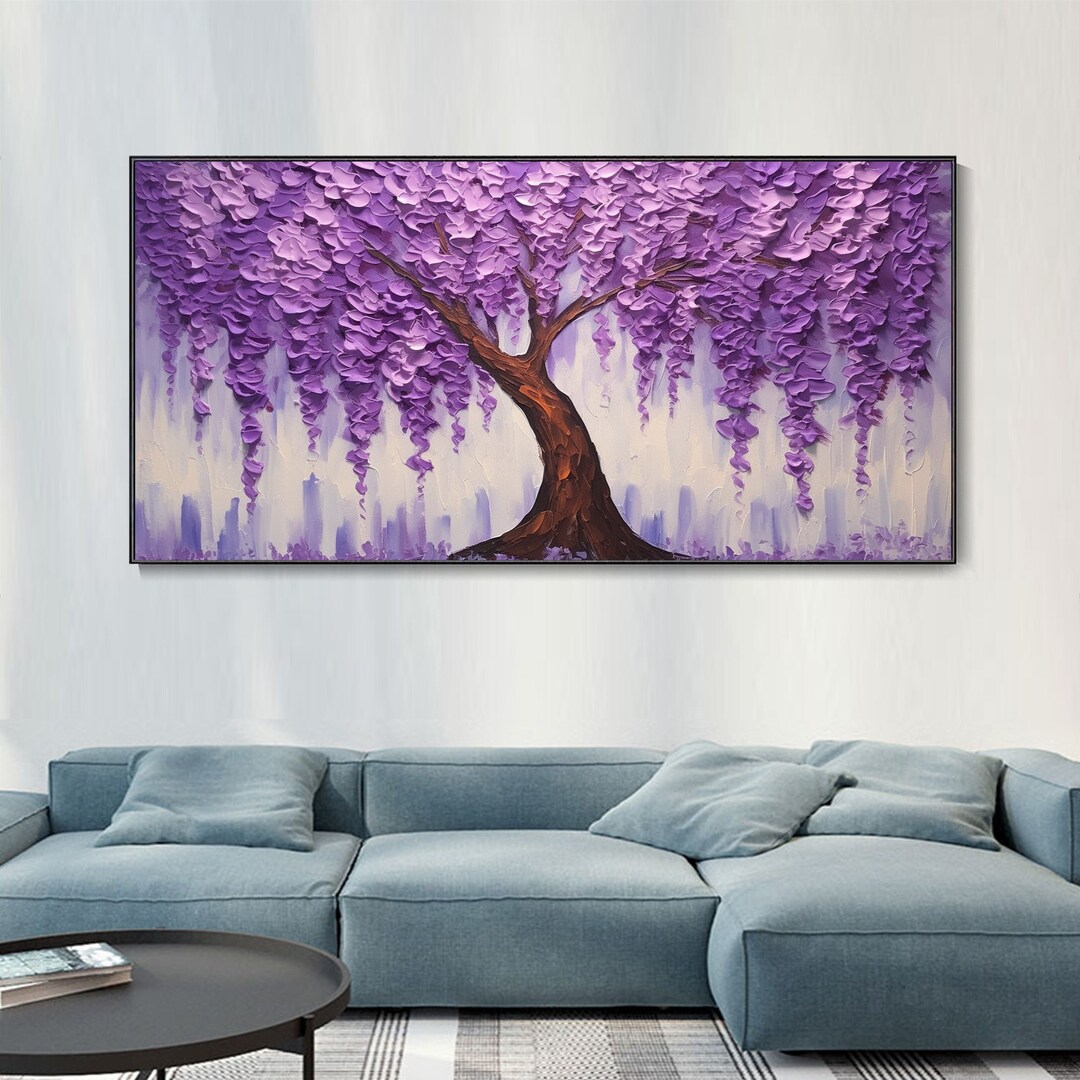 Large Hand Painted Flower Tree Canvas Oil Painting, 3D Purple Botanical ...