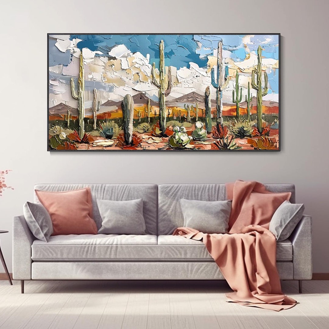 Original Cactus Oil Painting: Knife Painting Desert Landscape Wall Art ...