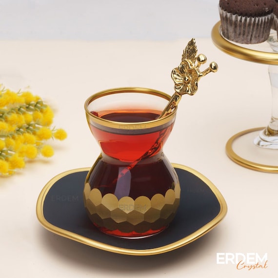 6x Gold Color Arabic Tea Glasses Set With Saucers –