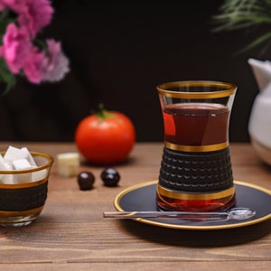 12 pcs Turkish Tea Set, Pasabahce Turkish Teacup, Unique Kitchen Teacups, Cutout Decor Glass Mugs, Gift for Mom ,(Set of 6 )Capacity:5 1/4oz