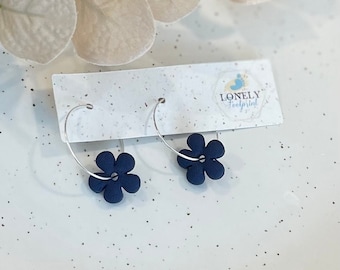 Navy Blue Flower Hoop Earrings  / Polymer Clay Earrings / Gold or Silver Coloured Hoops / Lightweight / Handmade Jewellery