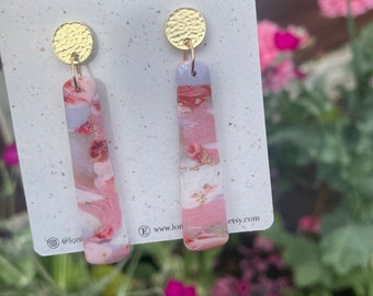 Pink Marble Polymer Clay Earrings / Long Dangle Studs / Lightweight / Spring and Summer / Handmade Jewellery
