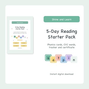 Op de afbeelding: Een digitale 5-Day Reading Starter Pack printbare kit met de tekst Shine and Learn, klankkaarten, CVC-woorden, tracker en certificaat. Het ontwerp bevat kleurrijke vierkante lettertegels die s, a, t, p, i, n spellen in pasteltinten.