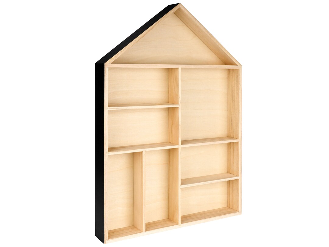 Wooden Doll House Shelf Small Wall Display Black House Shadow