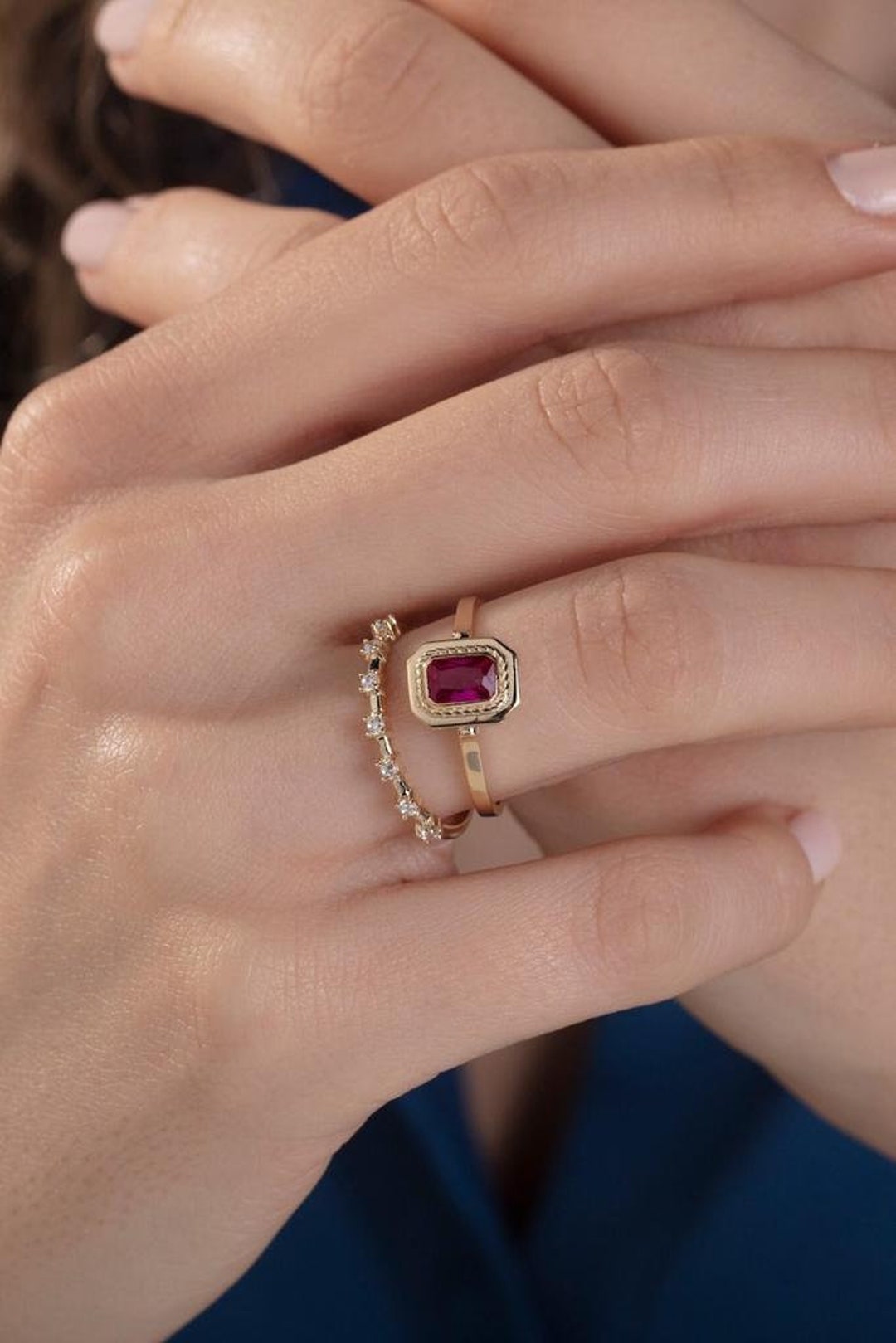 Ruby Dainty Baguette Stacking Ring, Gold Minimalist Ring, Simple Ruby ...