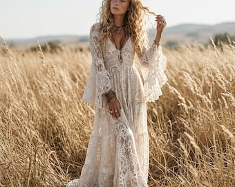 Personalisiertes Boho-Maxikleid aus Spitze | Boho-Kleid mit tiefem V-Ausschnitt und ausgestellten Ärmeln – perfekt als Hochzeitsgastkleid