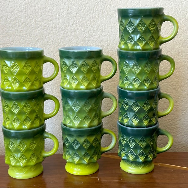 Vintage Fire King Ombre Green Kimberly Diamond Milk Glass Mug