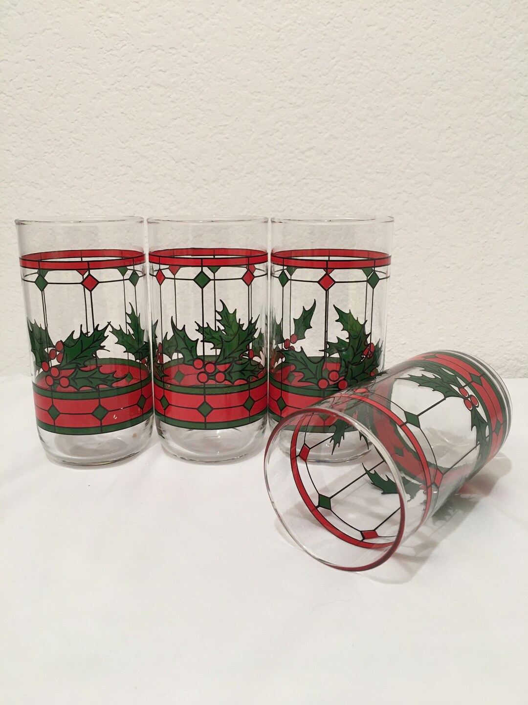 Libbey Holly Berry Stained Glass Drinking Glasses Tumblers Etsy