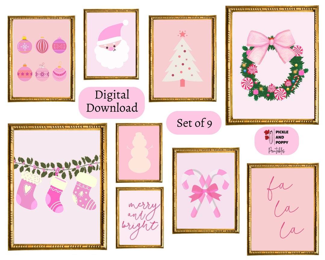 Cute Pink Christmas Printable Wall Art Pink Christmas Art Set Etsy