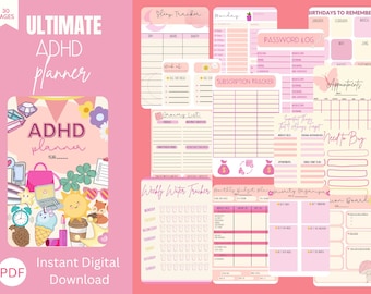 May include: A digital planner designed for people with ADHD. The cover features a colorful illustration of a laptop, a sun, a clock, and other items. The planner includes pages for tracking sleep, passwords, subscriptions, birthdays, appointments, groceries, water intake, and more. The planner is available as an instant digital download.