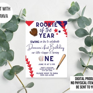 Honkbal thema eerste verjaardagsuitnodigingen | Bewerkbare sjabloon Rookie Year Party uitnodiging | Rookie van het jaar verjaardag | Digitale verjaardagsuitnodigingen