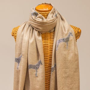 Handmade Kashmiri Pashmina Shawl: Zebra Sozni Embroidered Cashmere Wrap