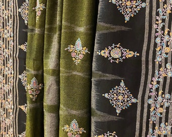 Pashmina shawl Handembroidered ikat ombre shawl adorned with stunning sozni embroidered green and black embroidered shawl