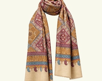 Pashmina-Schal mit Jamawar-Stickerei, Kaschmir-Wrap in Orange und Blau