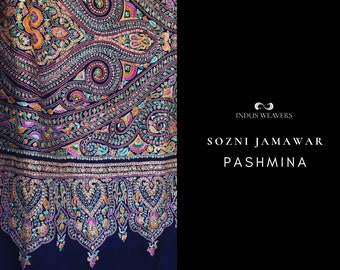 Kashmiri Pashmina shawl. Royal blue pashmina Jamawar shawl 198x85 cm for formal events.