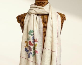 Ren Pashminasjal Elfenben – Handbroderad Kashmiri Paisley-halsduk