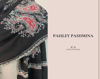 Handbestickter schwarzer Pashmina-Schal, Ramadan-Geschenke, Paisley-Design, Pashmina-Halstuch im königlichen Look