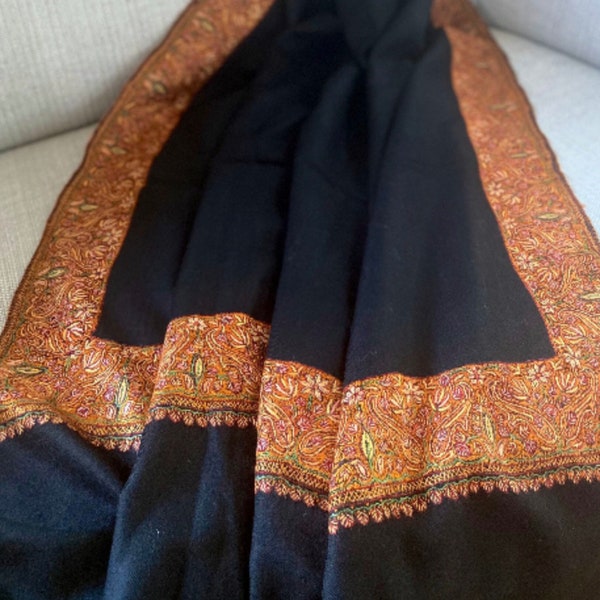 Woollen Shawls, Kashmiri Embroidery, Hand Needle Embroidery, Merino Scarves, Black Wraps, Budget Scarves, Winter Shawls, 40x80"