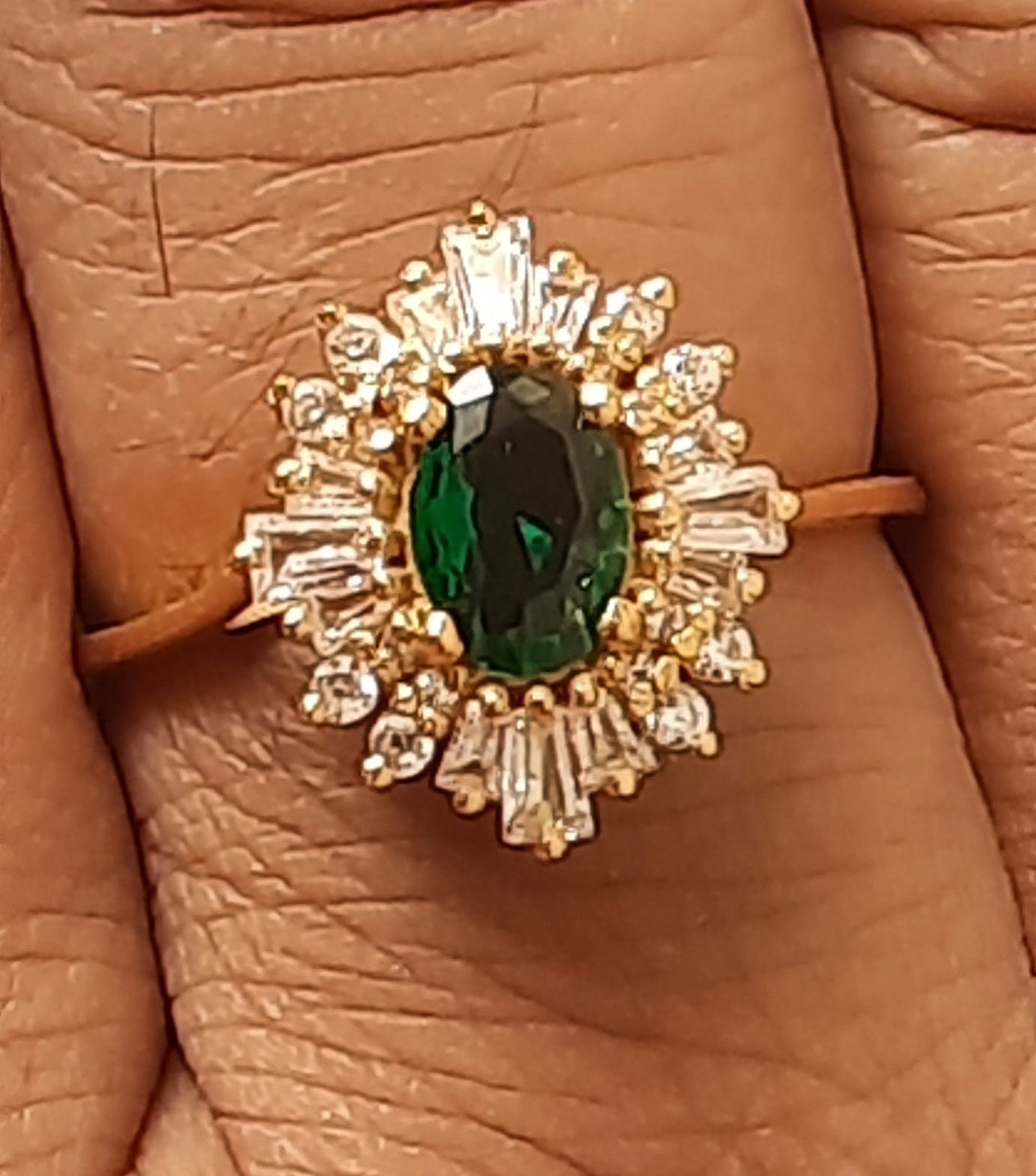 Victoria Emerald Ring 14K Yellow Gold Vermeil Engagement Promis Ring
