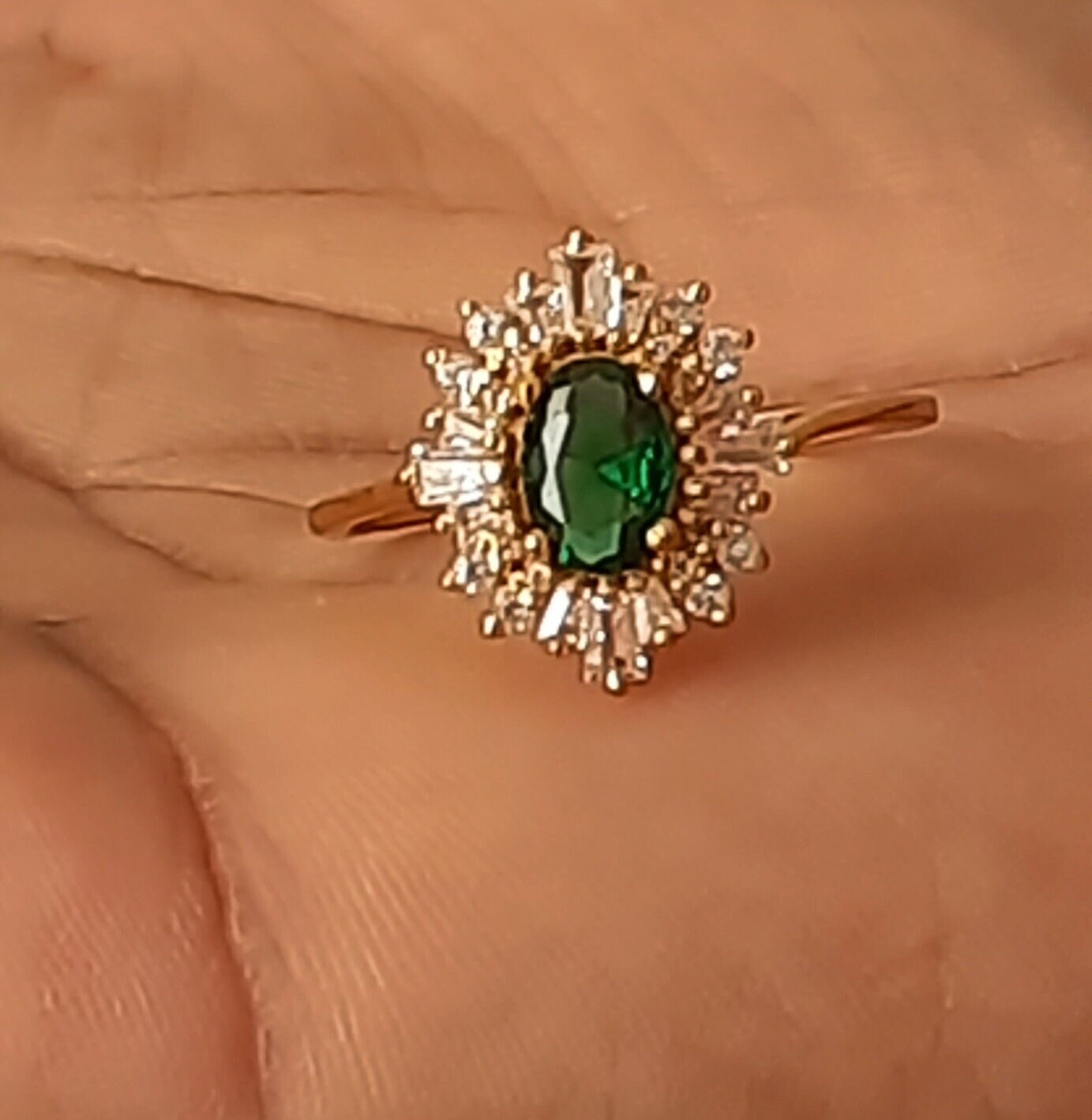 Victoria Emerald Ring 14K Yellow Gold Vermeil Engagement Promis Ring