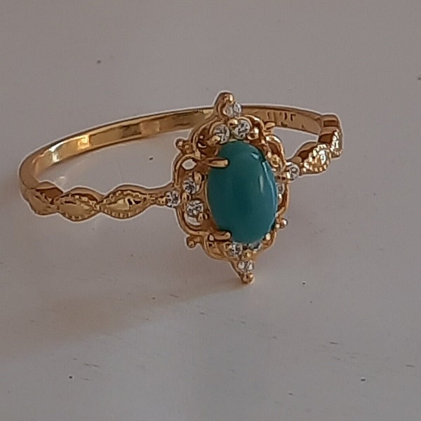 Vintage Natural Arizona Sleeping Beauty Turquoise Ring- 14K Yellow Gold Vermeil Engagement Promis Ring Gift For Her- December Birthstoe