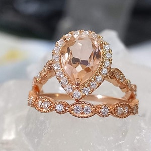 Vintage Teardrop Morganite Ring Set- 14K Rose Gold Vermeil Engagement Promise Ring Set for Women- Anniversary Christmas Gift For Her