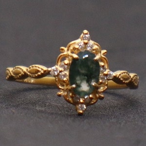 Vintage Natural Green Moss Agate Ring for Women 14K Yellow Gold Vermeil Engagement Promise Ring Anniversary Birthday Christmas Gift For Her