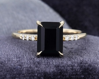 Vintage Emerald cut Natural Black Onyx Ring- 14K Yellow Gold Vermeil Engagement Promise Ring for Women BirthDay Anniversary Gift For Her