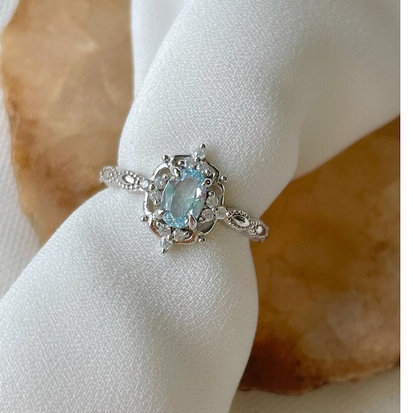 Victorian Blue Gemstone Ring-Vintage Aquamarine Engagement Silver Promise Ring for Women Birthday Gift for Her- Dainty Anniversary Jewelry