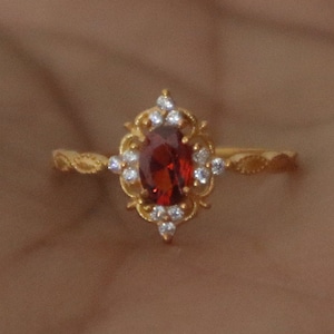 Vintage Natural Garnet Ring- 14K Yellow Gold Vermeil Engagement Promise Ring for Women Anniversary Birthday Gift For Her- January Birthstone