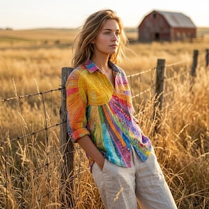 Boho Patchwork Button Shirt Women Colorful Vintage Loose Blouse