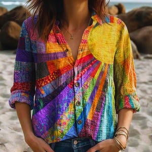 Pode incluir: Uma camisa colorida com um design de patchwork e botões. A camisa apresenta um grande desenho de raio de sol amarelo no lado direito e uma variedade de cores vibrantes, incluindo vermelho, laranja, roxo e azul. A camisa tem mangas compridas e é feita de um material macio.