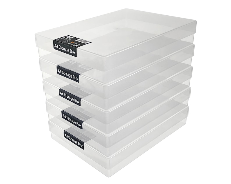 May include: Five clear plastic storage boxes stacked on top of each other. Each box has a label that says "A4 Storage Box".