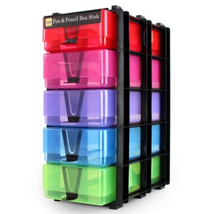 May include: A stackable plastic storage box set with five drawers in red, pink, purple, blue, and green. The drawers are labelled "Pen & Pencil Box Stack".