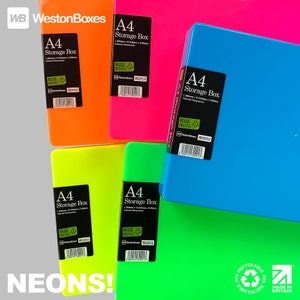 May include: Four A4 storage boxes in bright neon colors: pink, orange, green, and blue. Each box has a black label that reads "A4 Storage Box" with the dimensions "L 330mm x W 230mm x D 35mm" and "Internal Dimensions". The label also includes the words "REUSE RECYCLE" and a recycling symbol. The boxes are arranged in a pyramid shape with the pink box at the top and the blue box at the bottom. The image also includes the text "NEONS!" and a logo with the text "RECYCLABLE" and "MADE IN BRITAIN".
