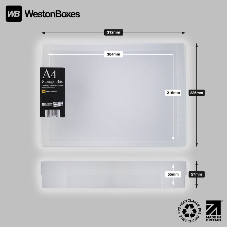May include: Clear plastic storage box for A4 documents. The box is 12.3 inches long, 9.6 inches wide, and 8.9 inches high. The box is made of recyclable polypropylene and is made in Britain.