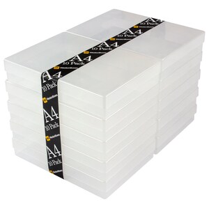 May include: A stack of clear plastic storage boxes labeled "A4 10 Pack" with the brand name "WestonBoxes".