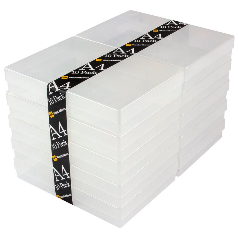 May include: A stack of clear plastic storage boxes labeled "A4 10 Pack" with the brand name "WestonBoxes".