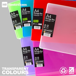 May include: Six clear plastic A4 storage boxes in different colors: green, blue, red, purple, pink, and clear. The boxes are labeled "A4 Storage Box" and have a "craft essentials" logo. The boxes are made of recyclable polypropylene and are made in Britain.